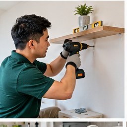 Handyman drilling to mount a shelf on a wall