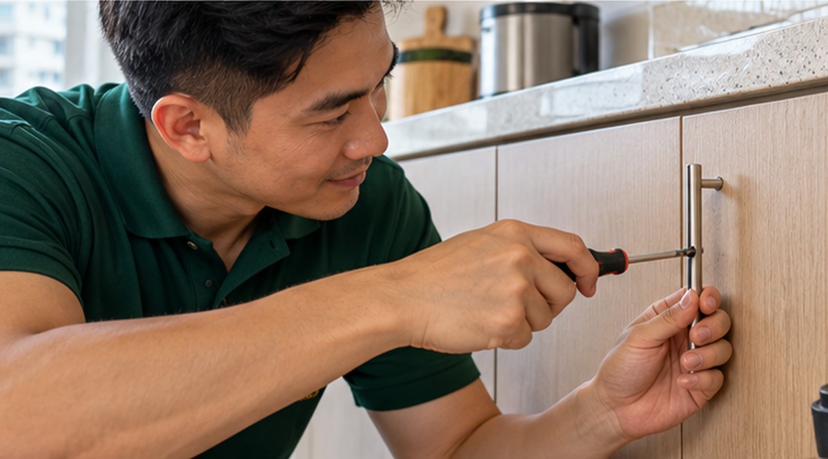 Handyman fixing a cabinet handle during a general home repair