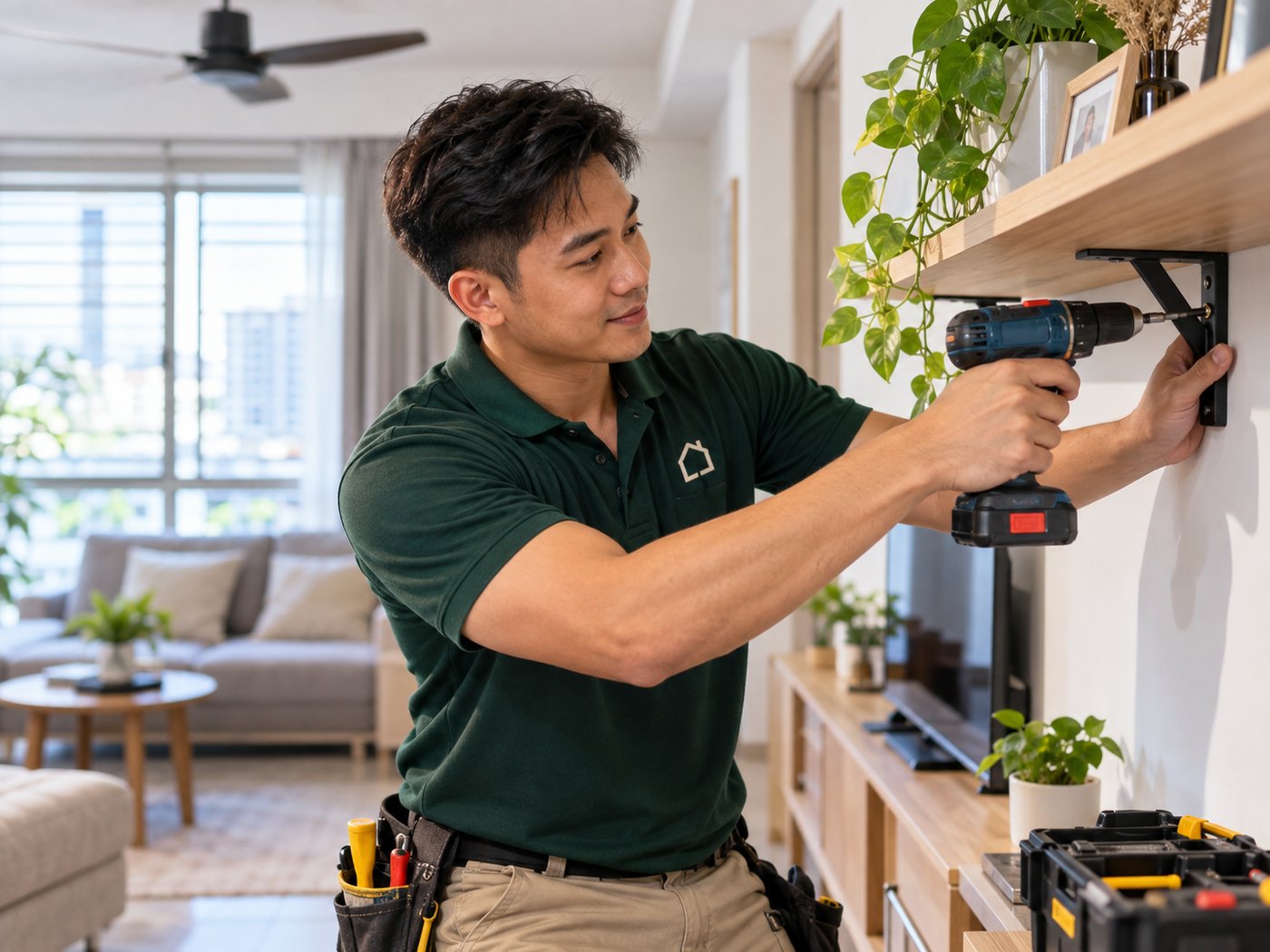 hahahandy handyman mounting a wall shelf in a Singapore home