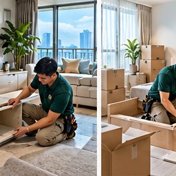 Console and furniture set up during a home move-in